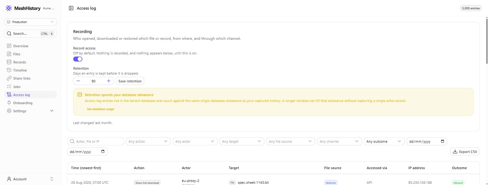 The Access log page with recording controls at the top and a filtered table of access entries below