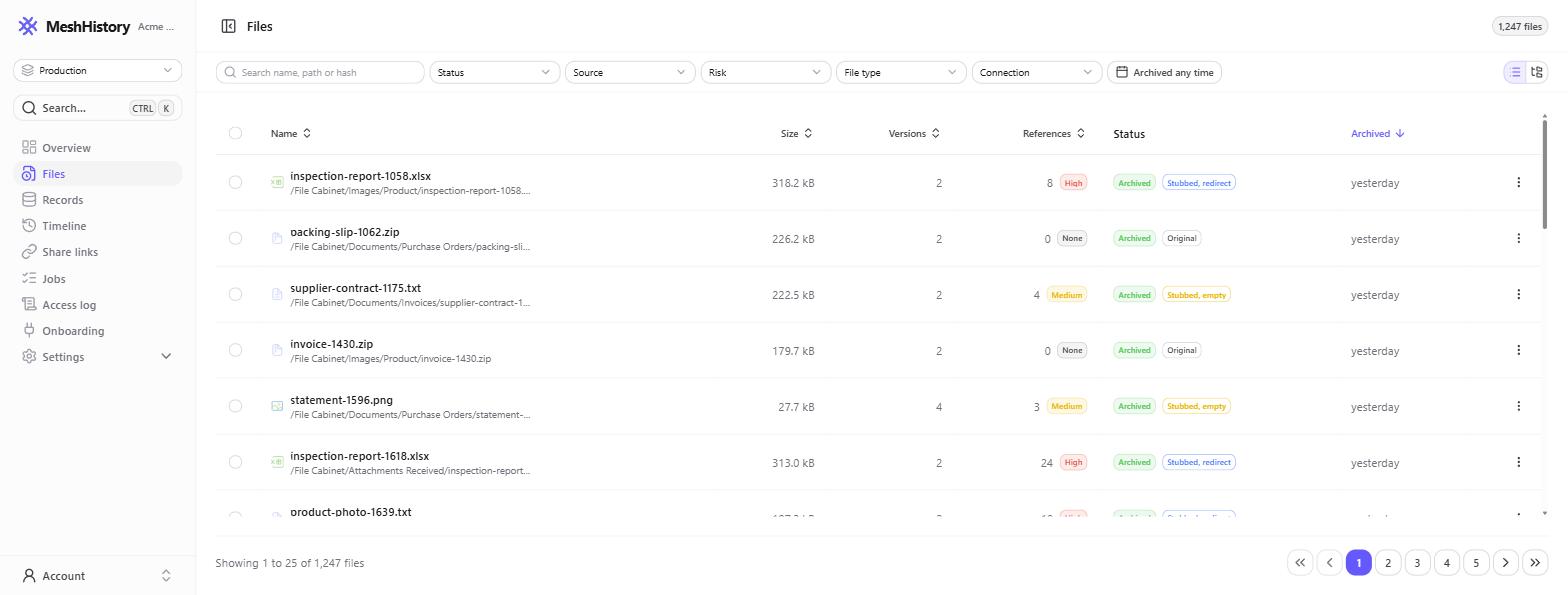 The Files list showing archived files with size, versions, references, status and archived date
