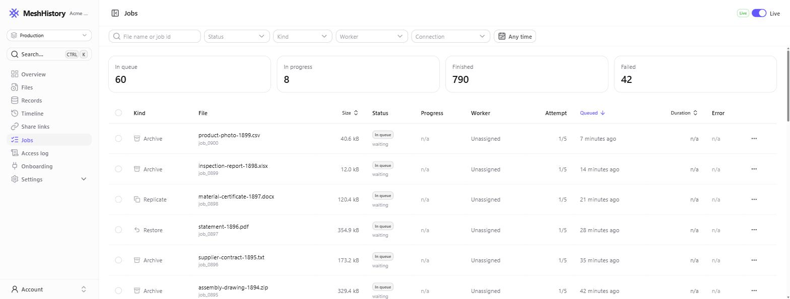 The Jobs page showing queue counters and a table of individual jobs with kind, file, status, worker and attempt