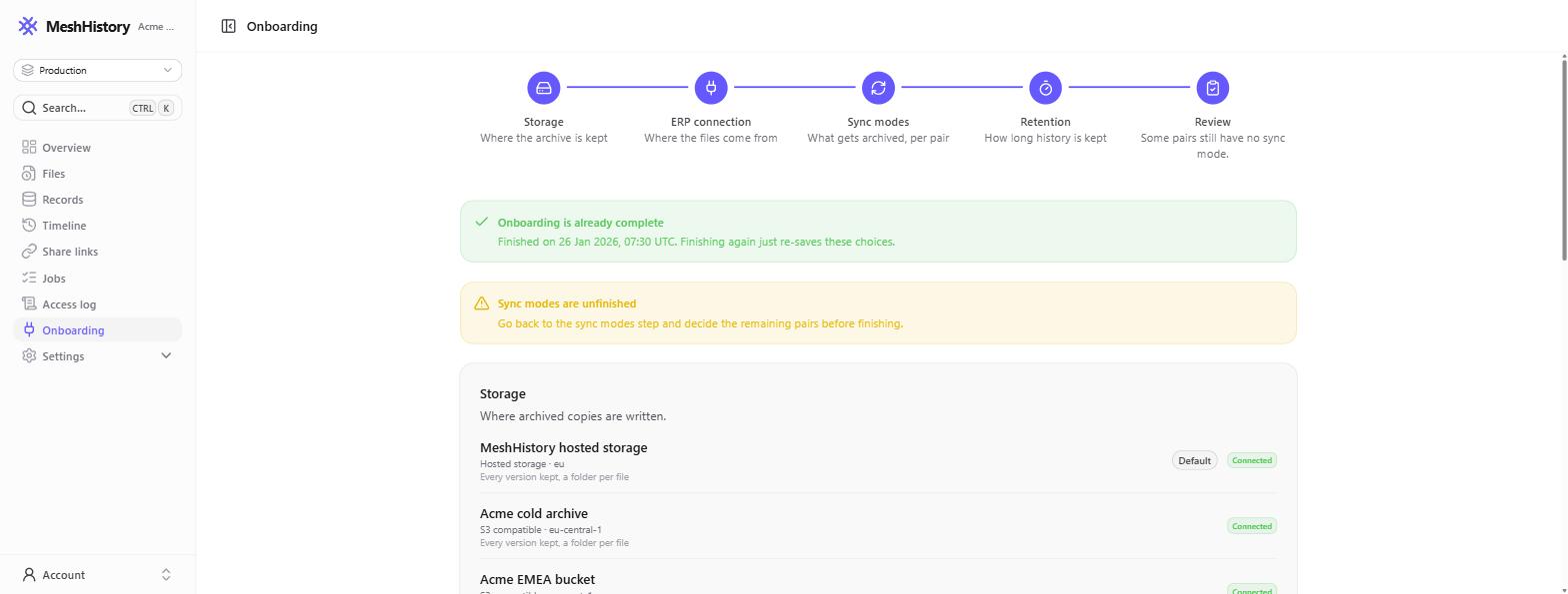 The onboarding wizard showing five steps: Storage, ERP connection, Sync modes, Retention and Review
