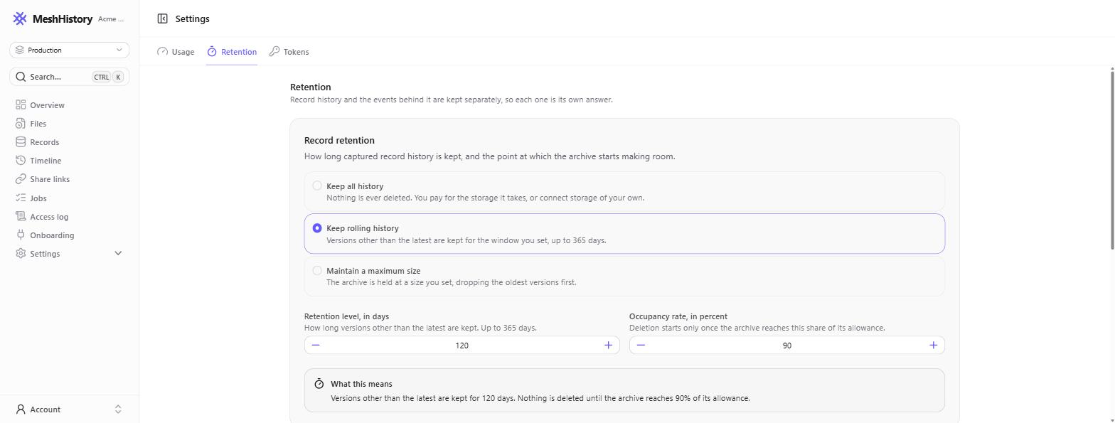 The Retention settings page showing record retention and event retention, each with three options
