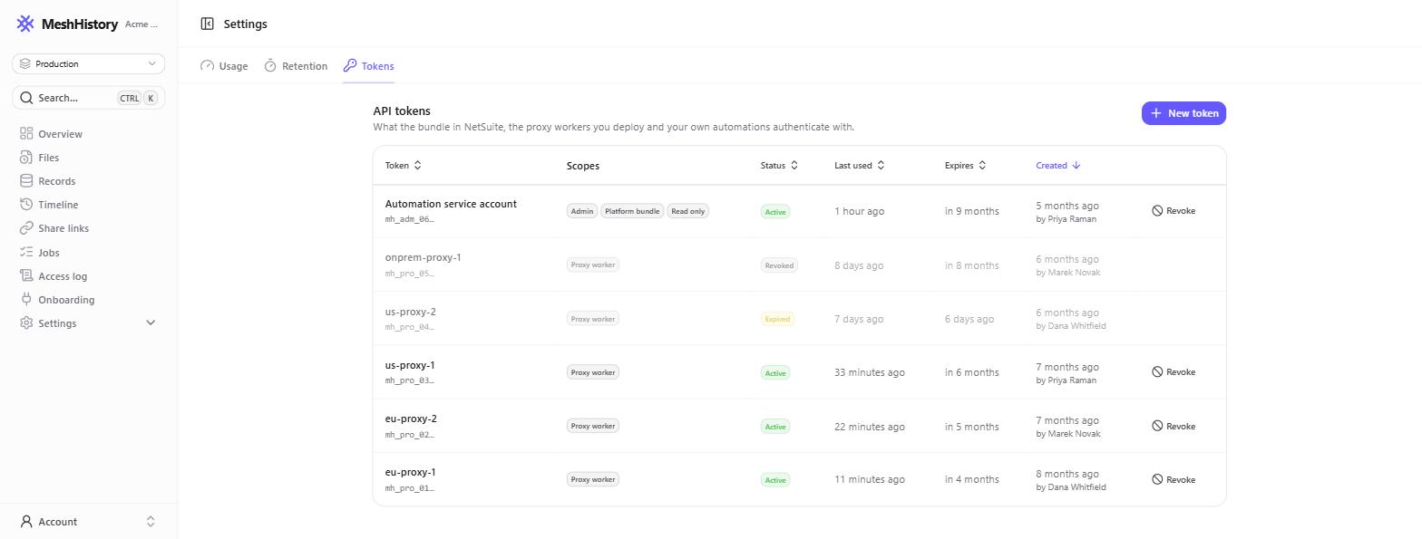 The API tokens page listing tokens with their scopes, status, last used, expiry and creator