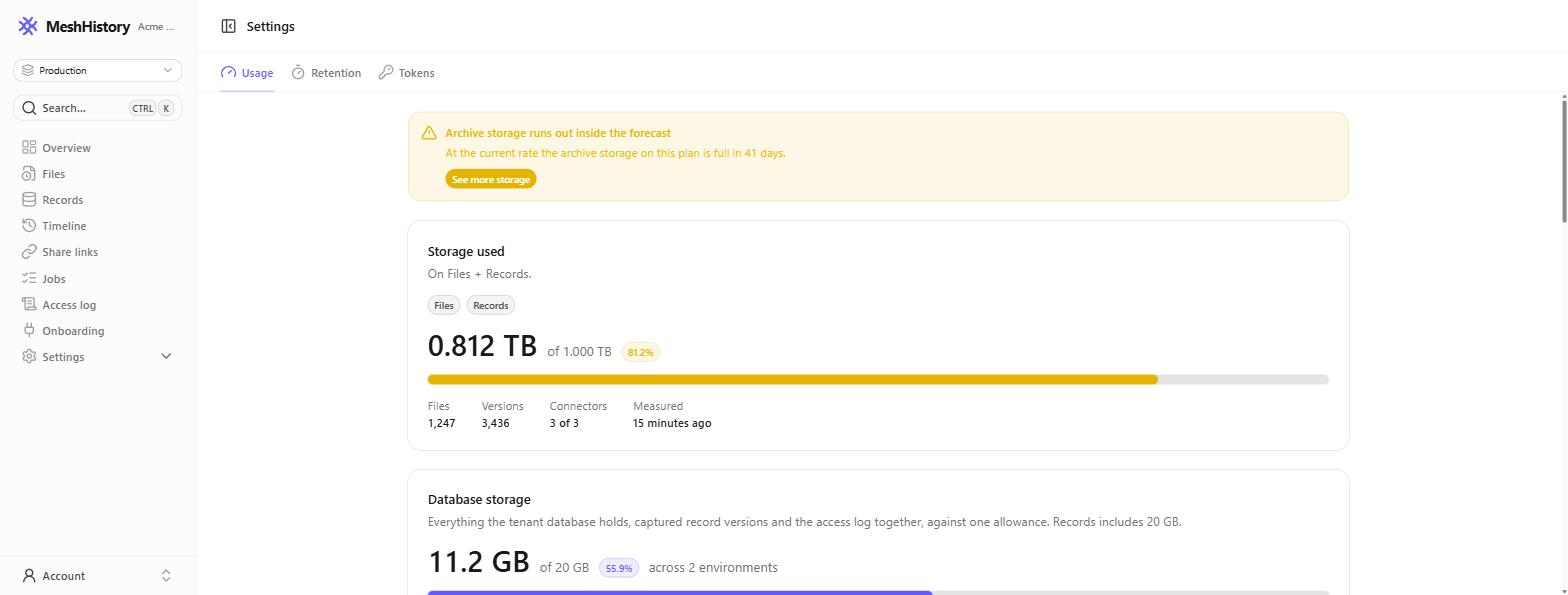 The Usage settings page showing archive storage used, database storage used, and a forecast chart