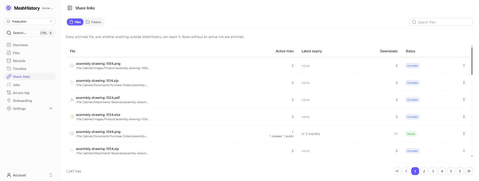 The Share links page listing archived files with active link counts, expiry, downloads and status
